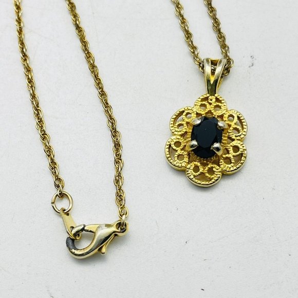 Vintage Filigree Charm Necklace Black Glass Bead Accent Gold Tone Delicate - Picture 2 of 6